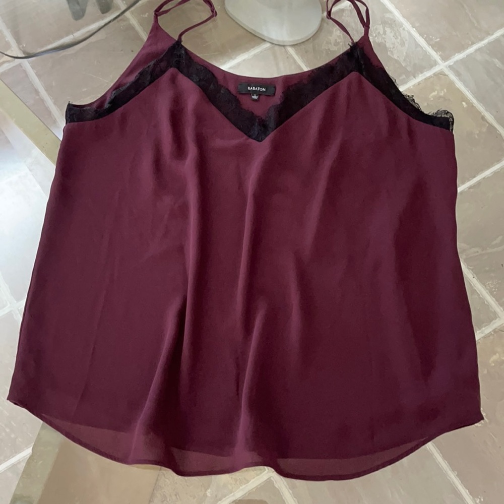 Babaton, L, burgundy camisole, black lace trim